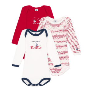 Набор хлопковых боди Petit Bateau с длинными рукавами белый с красным 3 шт (12м/74 см)