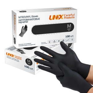 Перчатки одноразовые нитровиниловые Unex неопудренные черные М 100 шт