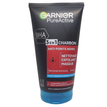 Гель для умывания, скраб, маска для лица Garnier Pure Active Charbon Anti-Points Noirs 3 в 1 против черных точек 150 мл
