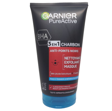 Гель для умывания, скраб, маска для лица Garnier Pure Active Charbon Anti-Points Noirs 3 в 1 против черных точек 150 мл