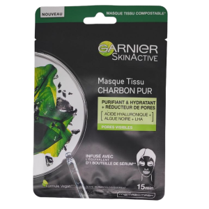 Тканинна маска для обличчя Garnier SkinActive Charbon Pur, що очищає з чорними водоростями, вугіллям та гіалуроновою кислотою 28 г