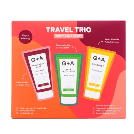 Подарунковий набір Q+A Travel Trio для догляду за тілом (гель для душу 50 мл + скраб для тіла 50 мл + лосьйон 50 мл)