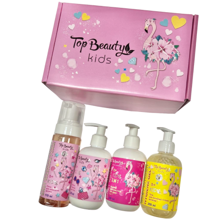 Бокс дитячої доглядової косметики Top Beauty Фламінго (шампунь-гель 200 мл, пінка для вмивання 170 мл, молочко для тіла 200 мл, гель для інтимної гігієни 200 мл)